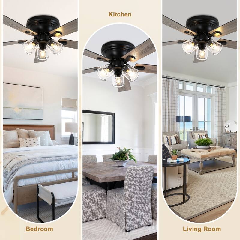 Bella Depot 52" 3-Light Brown Flush Mount Ceiling Fan with Light and Remote Control 6-speed Reversible Timer DC Motor
