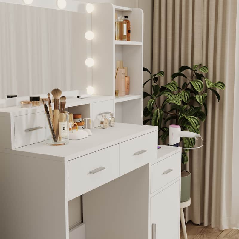 Dressing Table With Led Mirror And Power Outlet,With Drawers,Storage Box And Shelf,Dressing Table With Bedroom Cushioned Stool