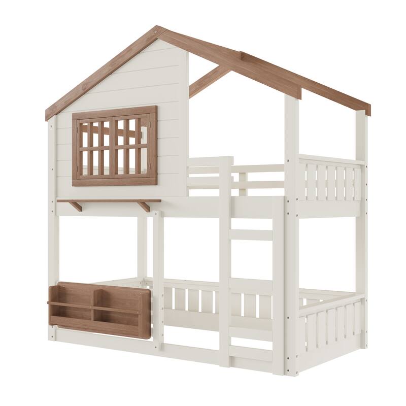 Twin Size Bunk Bed/Loft Bed with Bookshelf, House Design, High-Quality Safety Fencing