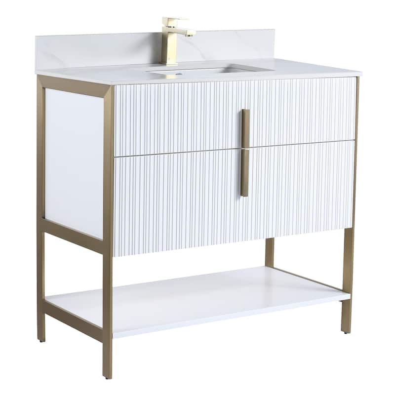 Fine Fixtures Serenity Modern Bathroom Vanity with White Carrara Stone Top - White Matte - Brass Hardware - 36 inch