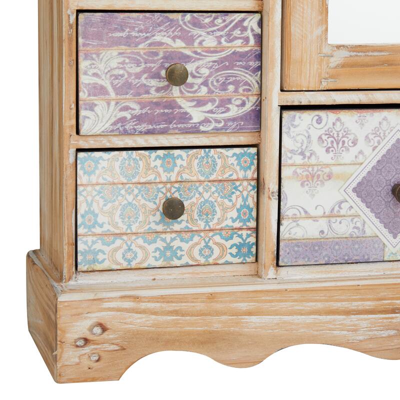 Light Brown Wooden 7 Drawers Decorative Jewelry Box with Patchwork Patterns