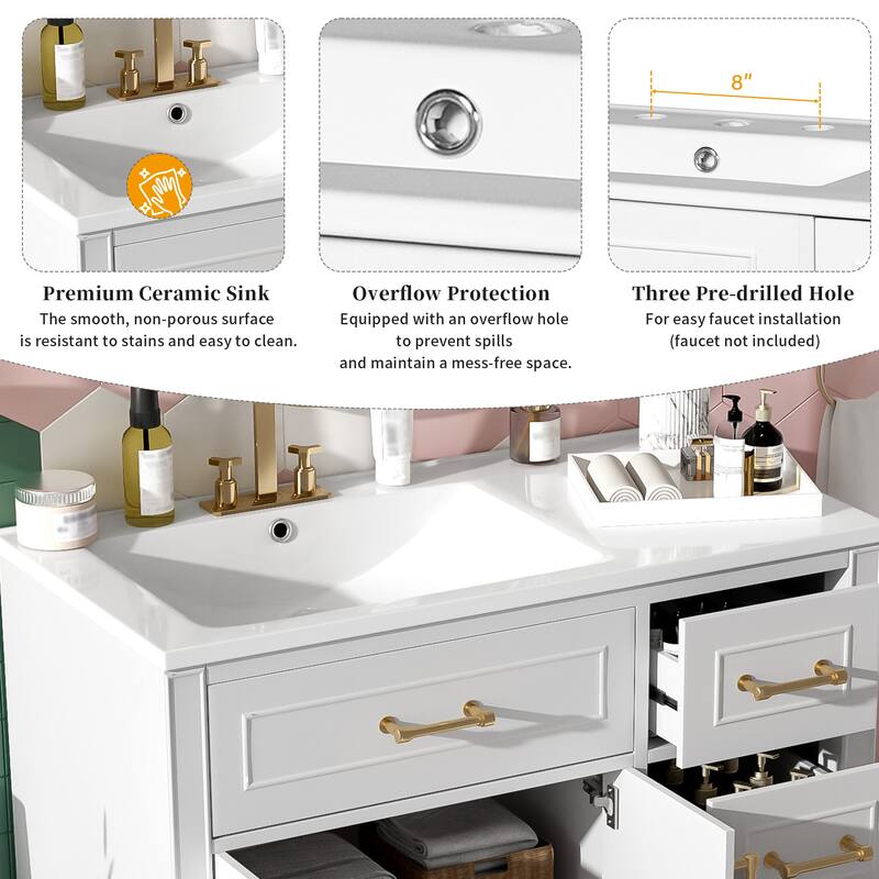 Bathroom Vanity with Ceramic Sink, Bathroom Vanities with Adjustable Shelf, Storage Cabinet with Soft-Close Doors and Drawers