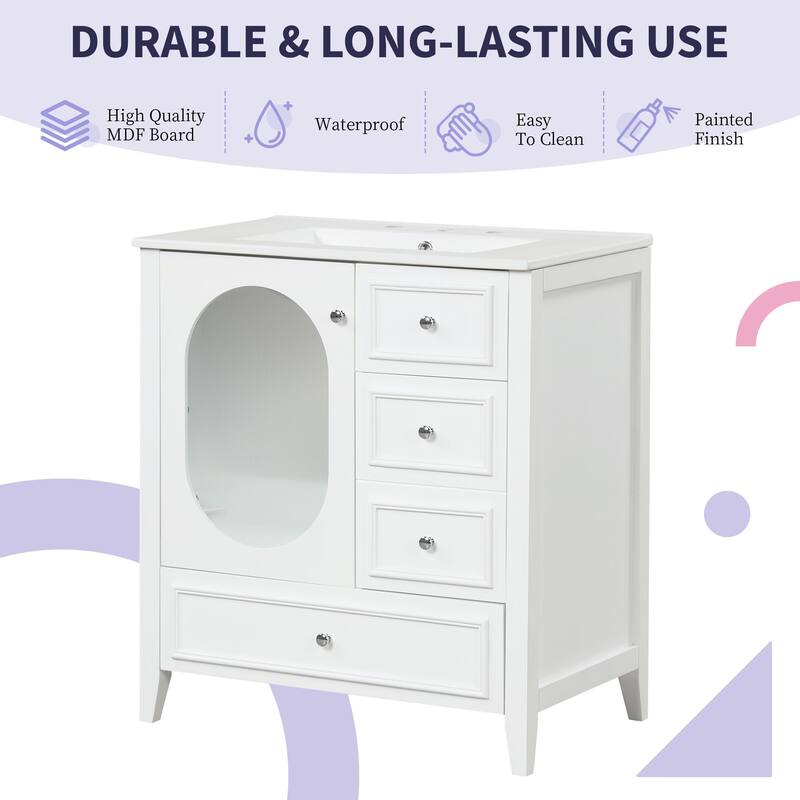 30" Bathroom Vanity with Sink, Bathroom Vanity Cabinet with Three Drawers and Door, Solid Wood and MDF