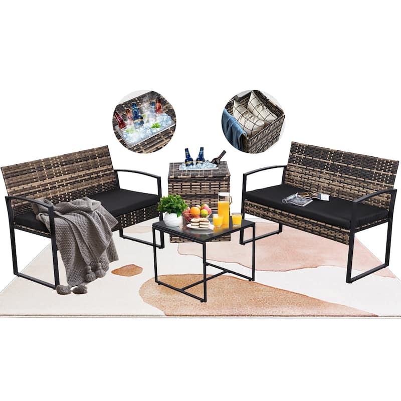 4-Piece Wicker Outdoor Sofa Set, 2 Loveseats, 1 Table, 1 Ice Bucket