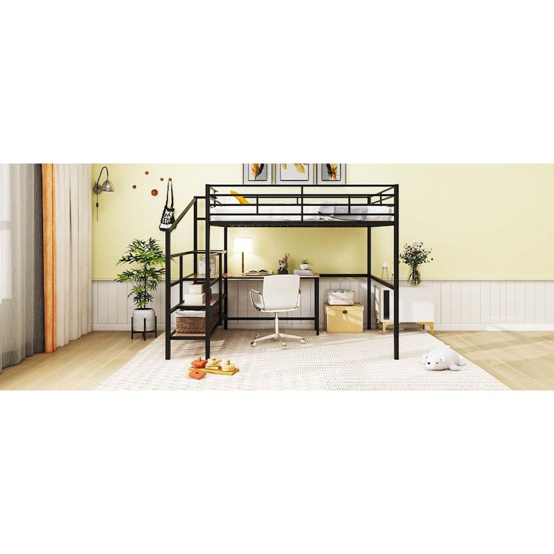 Full Size Metal Loft Bed with Desk and Lateral Storage Ladder