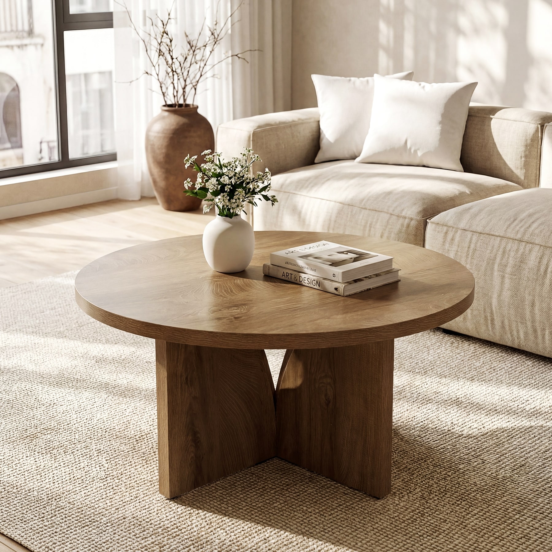 31.5'' Round Coffee Table, Modern Center Table with Sturdy Base