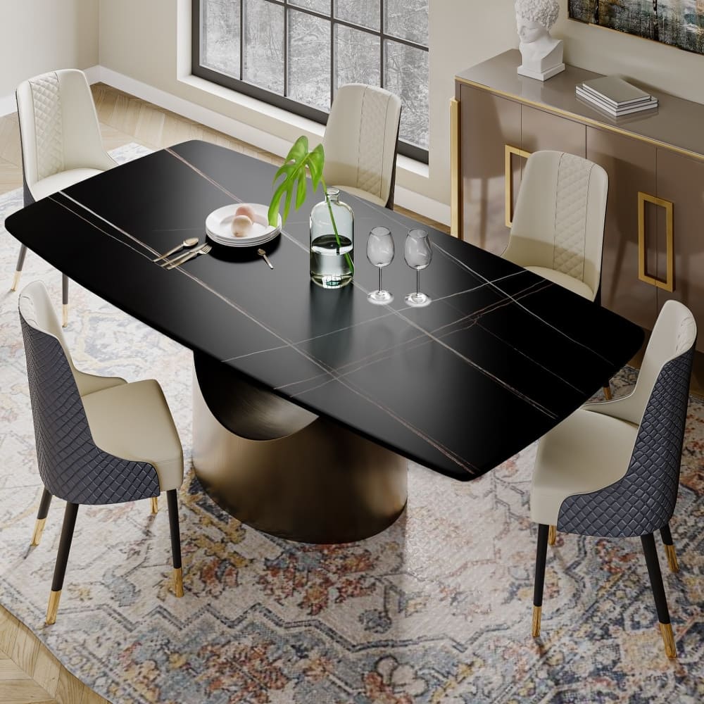 63"-94" Hobart Modern Dining Table with Rectangular Sintered Stone Tabletop and Carbon Steel Leg for 4-10
