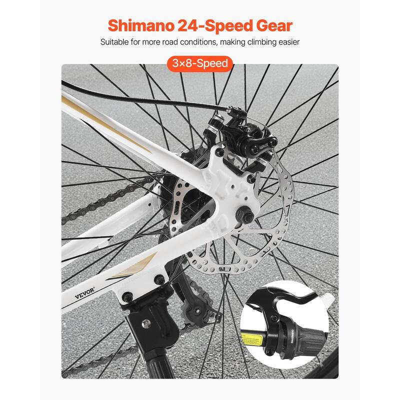 Hybrid Bike with Adjustable Stem, Shimano 24-Speed, Dual Brakes - 72.44x25.20x(36.22-40.09) inch