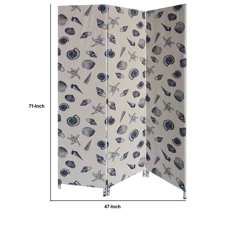 71 Inch 3 Panel Fabric Room Divider with Seashell Print, Blue