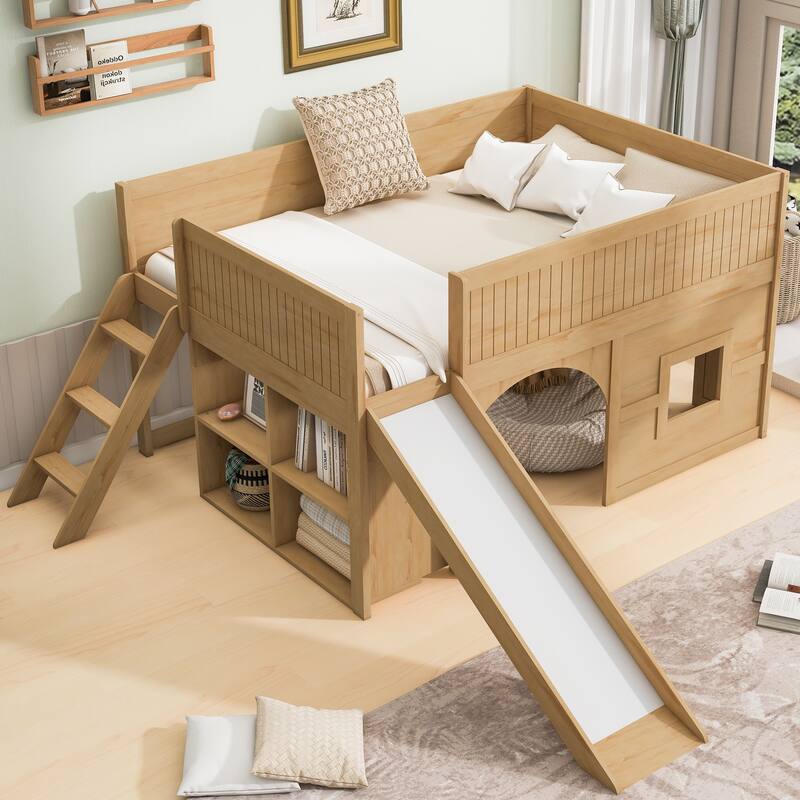 Full Size Wooden All-in-One Fairytale Low Loft Bed with Side Storage Shelves and Slide, Door and Window Design - Natural - Full