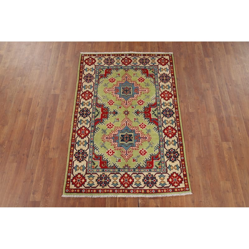 Pistachio Green Geometric Kazak Accent Rug Handmade Wool Carpet - 3'3" x 4'11"