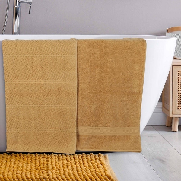 slide 2 of 17, Superior Chevron Zero Twist Solid and Jacquard Cotton Bath Sheet Set of 2 Gold