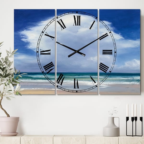 slide 2 of 6, Porch & Den 'Beach Clouds II' 3-panel Metal Clock - 36 in. wide x 28 in. high - 3 panels