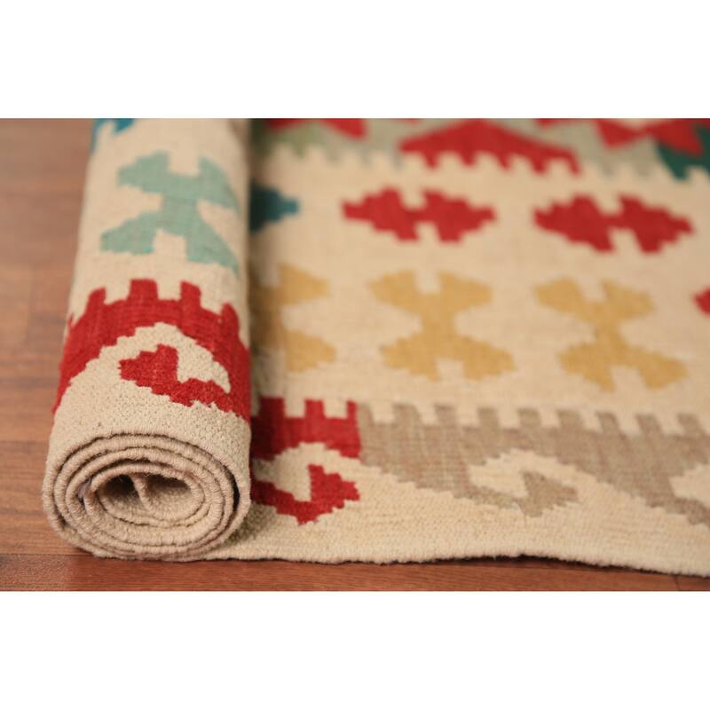 Geometric Kilim Reversible Area Rug Oriental Flatweave Wool Carpet - 8'5"x 11'5"