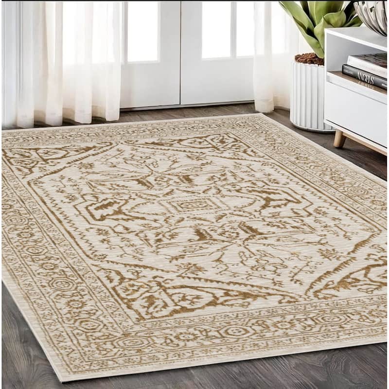 HomeRootsOriental Traditional Rectangle Area Rug - 90.55' X '62.99' X '0.39 - Gold/Ivory