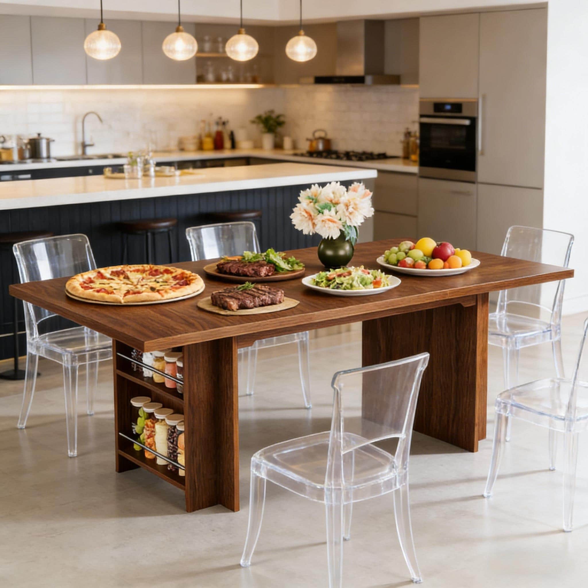 63" Rectangular Dining Table with Open Shelf, Rustic Kitchen Table for 6-8, Modern Conference Table Office Table