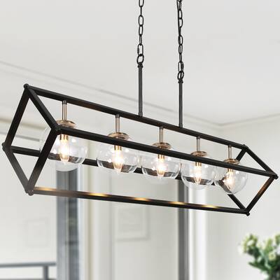 Modern Farmhouse 5-Light Geometric Chandeliers Black Gold Glass Island Light for Dining Room - 41.5"L x 20"Wx 23.5"H