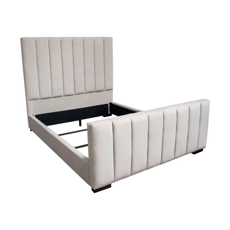 Eva Queen Bed, Vertical Channel Tufted Light Gray Velvet Upholstery