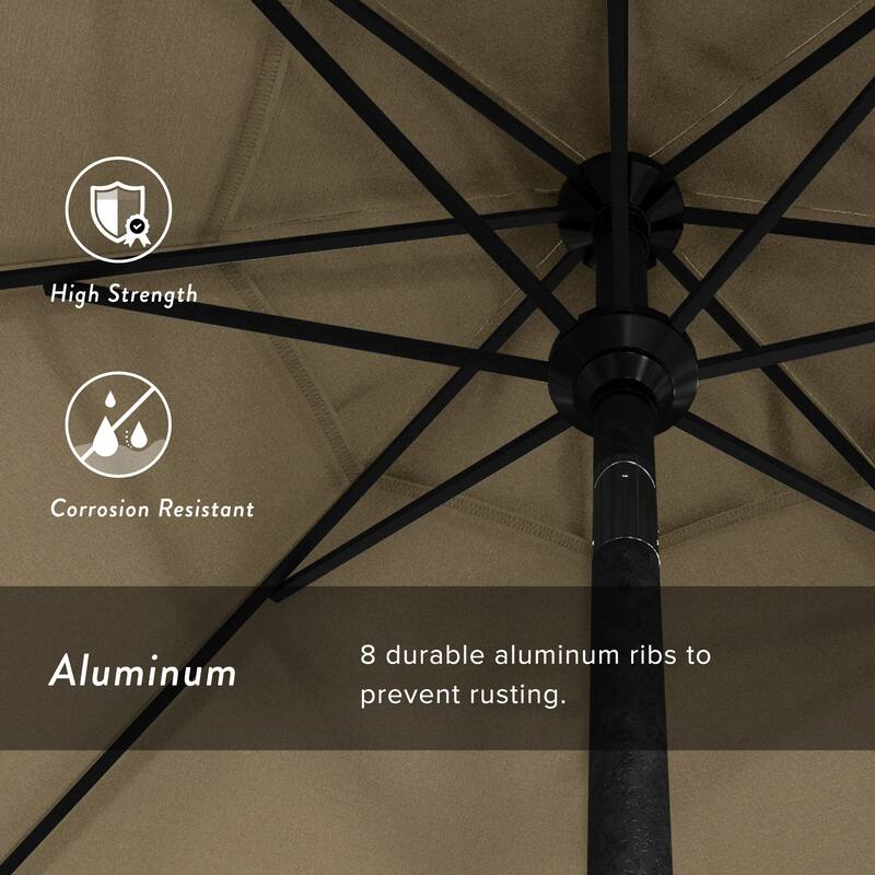 California Umbrella 9' Round Crank Lift Push Button Tilt Black Aluminum Patio Umbrella with Sunbrella Spectrum Dove Fabric