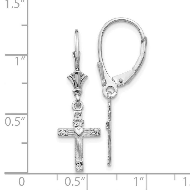 Curata 14k White Gold Mini Cross With Love Heart Leverback Earrings - 31x9mm