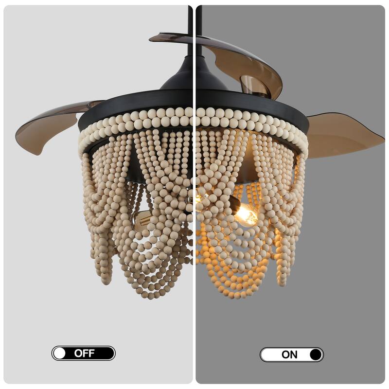 Cusp Barn 42" Retractable Ceiling Fan with Light, Farmhouse Wooden Bead Chandelier, Quiet DC Motor 6 Speeds Bohemian Ceiling Fan
