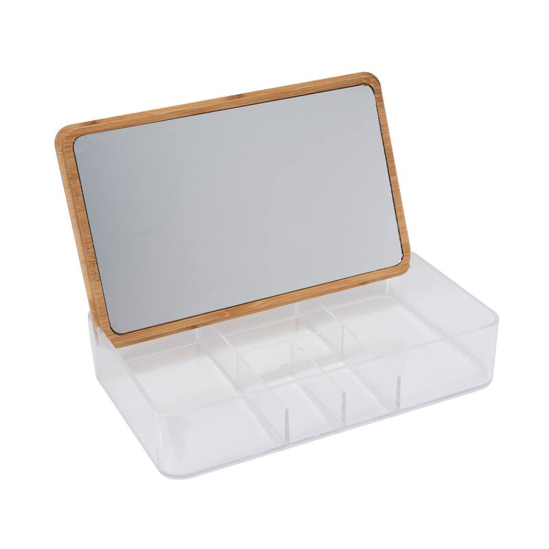 Simplify 5 Compartment Clear Organizer with Bamboo Lid & Mirror - 8.7"x 5.5"x 2"
