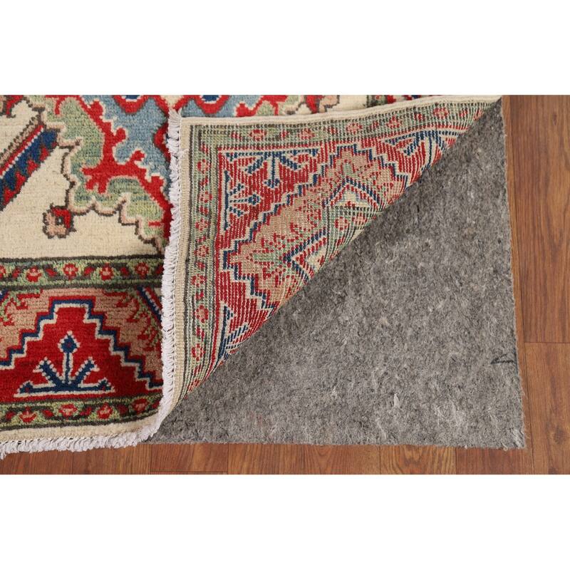 Hand Knotted Oriental 100% Wool Carpet Traditional Geometric Beige & Ivories Kazak Runner Rug - 12' 8'' X 2' 9''