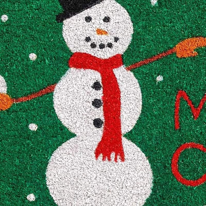 HomeRoots 17" X 29" Green White And Red Christmas Snowman Merry Christmas Outdoor Coir Door Mat - 17.00' X '29.00