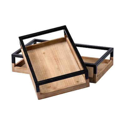 Ross Set of 2 Natural Wood W/ Black Metal Nesting Trays - 18.9L x 11.8W x 3.9H
