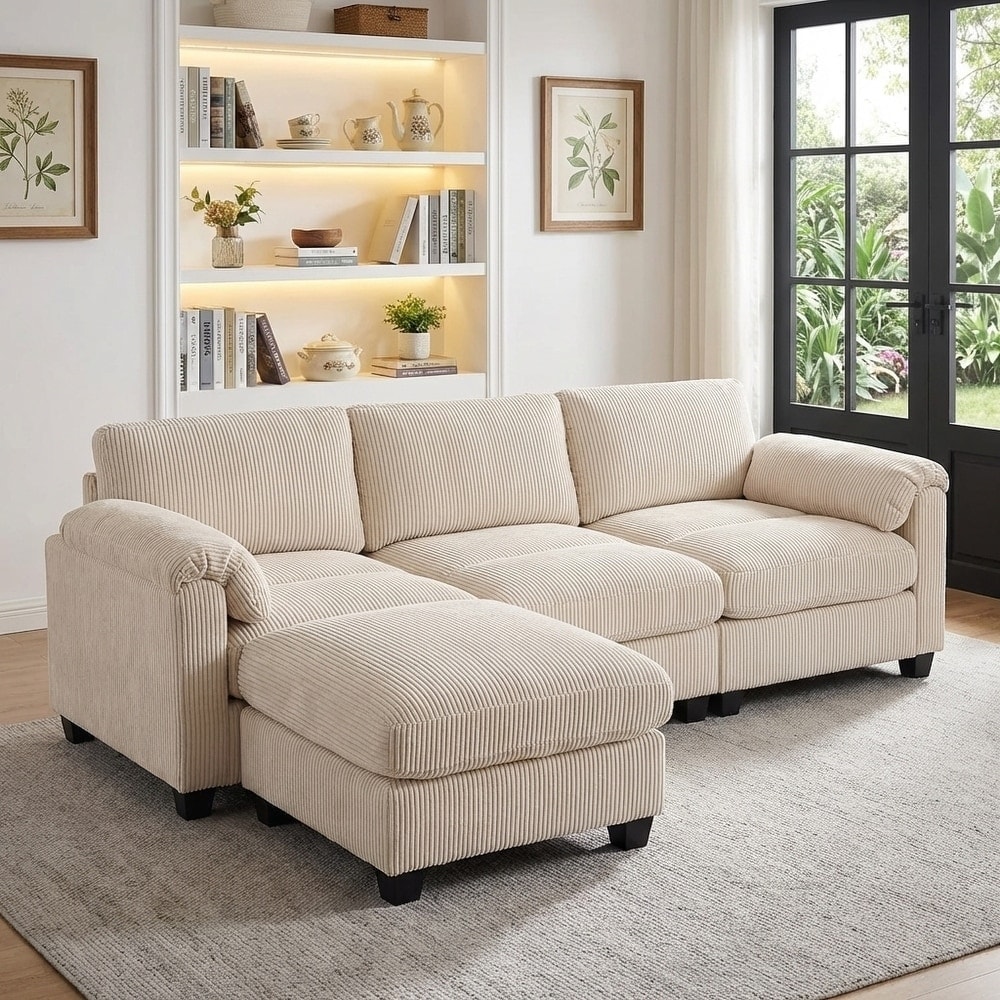 Modern Couduroy Modular Sectional Sofa Couch with Ottoman for Living Room