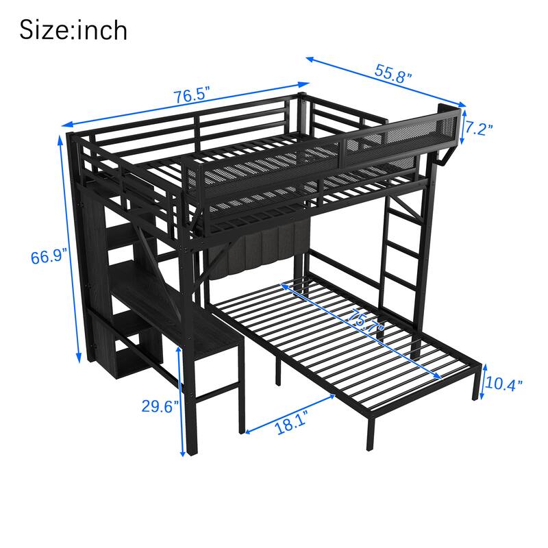 Full over Twin Metal Bunk Bed with Desk and Bookshelves,Detachable Metal Bunk Bed with LED and Charge Station