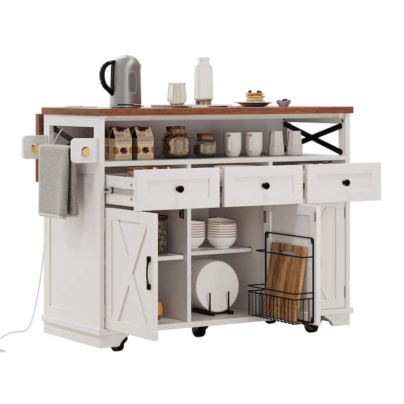 46.5" Farmhouse Kitchen Island Cart with Drape of Beads, Power Outlet, Rolling Kitchen Cart on Wheels with Drop Leaf
