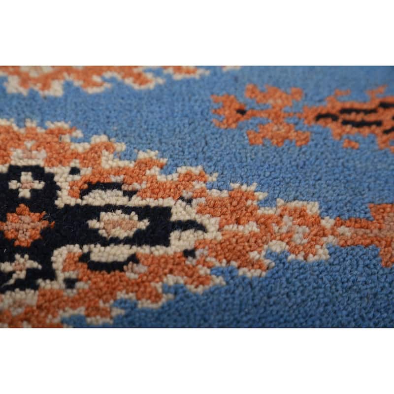 Hand Knotted Oriental 100% Wool Carpet Traditional Geometric Navy Blue & Blues Viss Runner Rug - 9' 8'' X 2' 6''