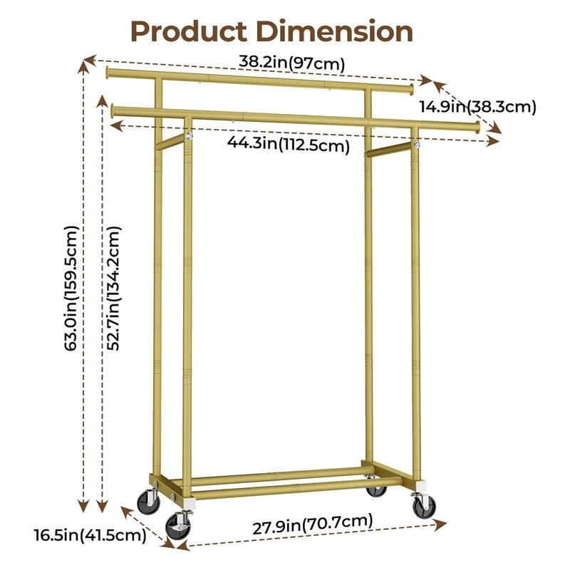 Double Rods Clothes Rack, Rolling Clothing Rack for Hanging