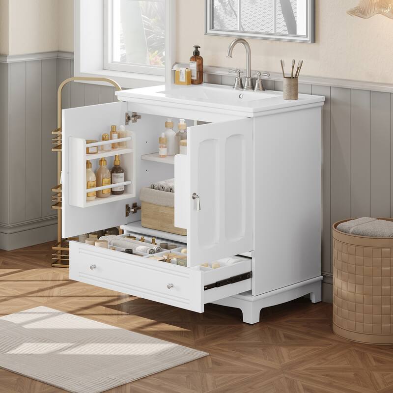 30" Bathroom Vanity with Ceramic Sink, Solid Wood Frame Bathroom Sink Cabinet with Adjustable Shelf, Drawer with Divider