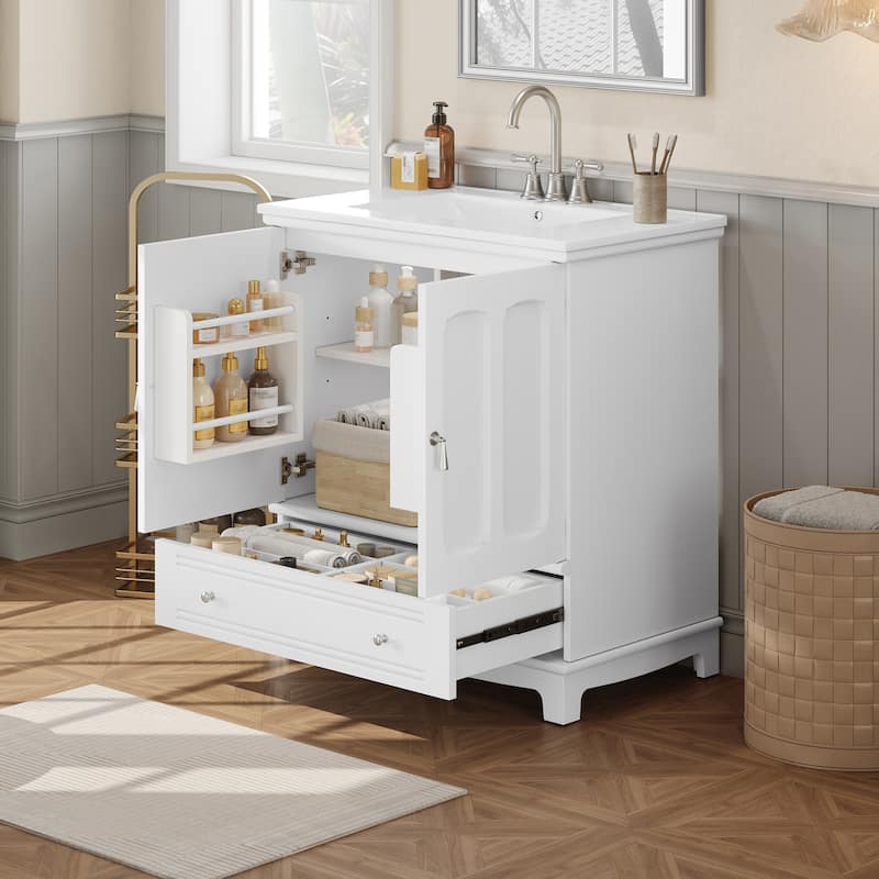 Bathroom Vanity with Ceramic Sink, Bathroom Sink Cabinet with Adjustable Shelf & Drawer Divider, Wooden Bathroom Storage Cabinet