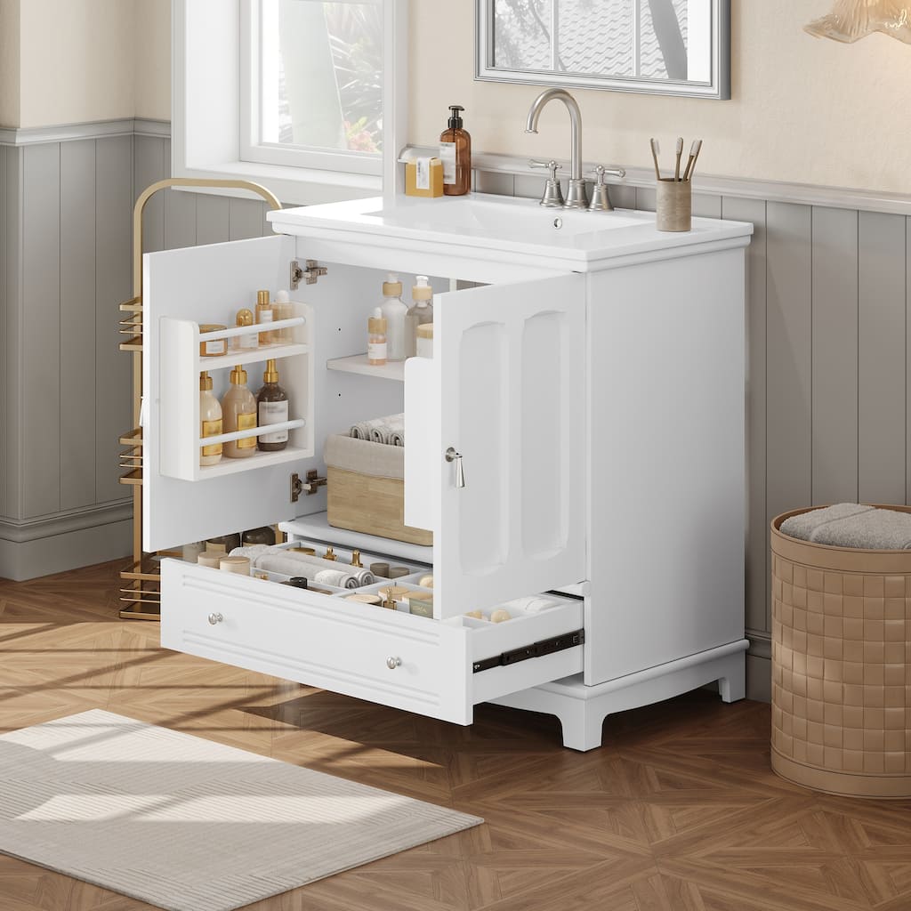 GDFStudio - Bramshire Modern Bathroom Vanity with Ceramic Sink, Solid Wood Feet, Drawer with Divider & Adjustable Shelf - 30'W