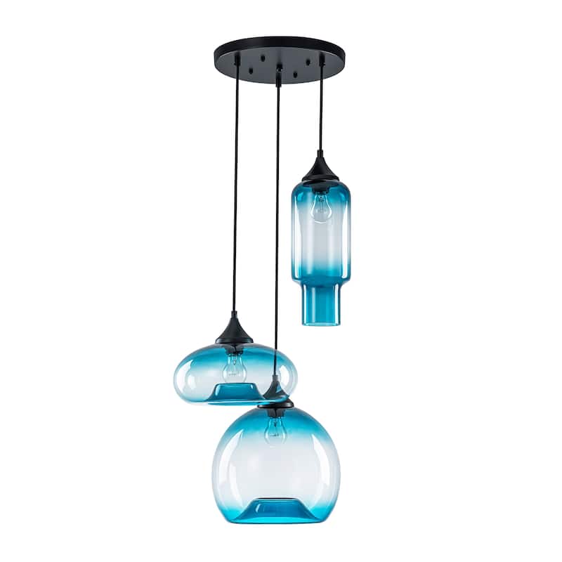 3-Light Modern Black Cluster Pendant Light Gradient Blue Glass Kitchen Island Lighting, Dining Room Ceiling Light