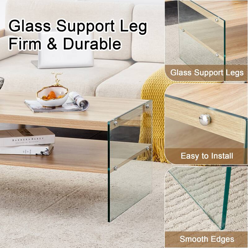 Three-tier side table and bunk coffee table set with wood stickers and clear tempered glass on both sides