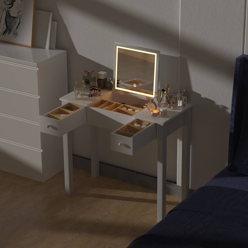 Small Flip Top Makeup Table with LED Lights, Mirror, 2 Drawers