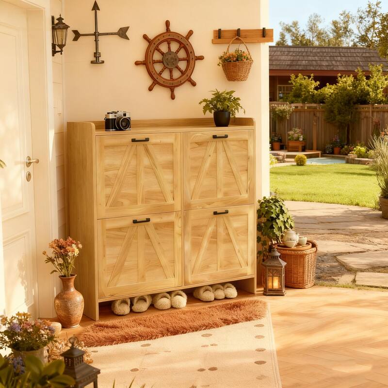 Modern Fence Shoe Cabinet with 4 Flip Drawers, Sleek Space-Saving Entryway Organizer for Living Room
