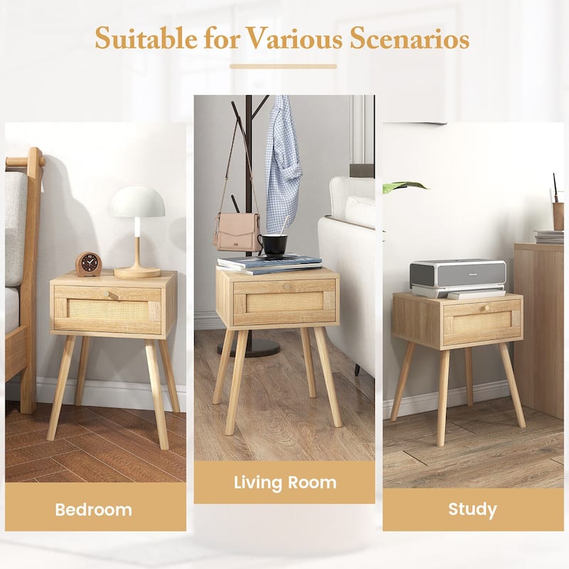 Gymax 2 PCS Nightstand Bedside Sofa Table with Rattan Drawer for
