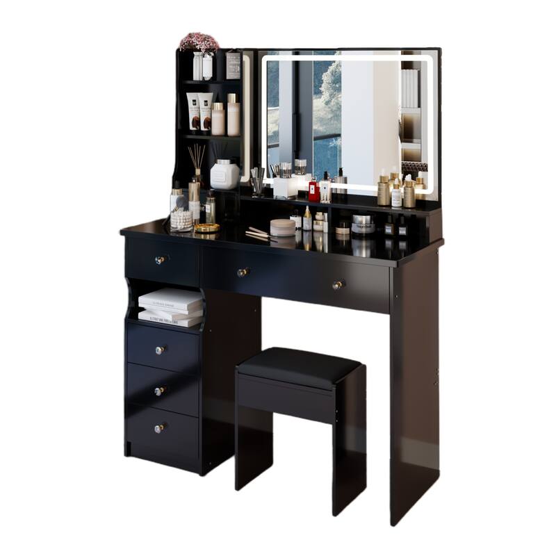 41" Vanity Set with 3-Color Adjustable LED Mirror & Cushioned Stool