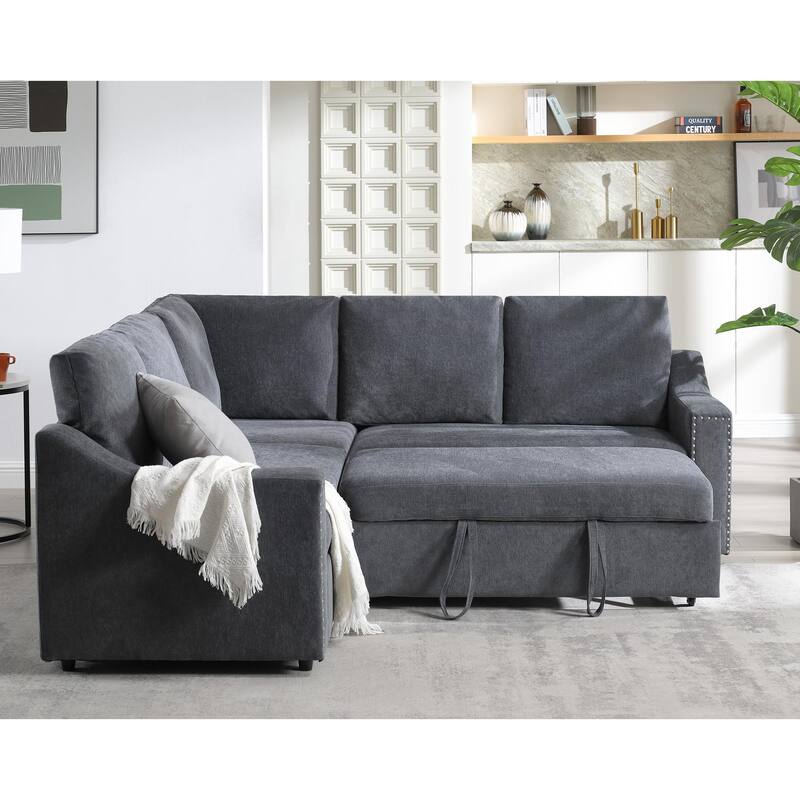 81.5'' L-Shaped 5-Seater Sectional Sofa with Pull-Out Bed and Six Pillows, Multifunctional Corner Couch for Living Areas