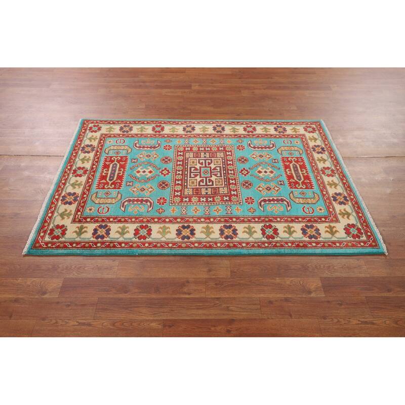 Turquoise Blue Kazak Oriental Accent Rug Handmade Wool Carpet - 3'3" x 4'11"