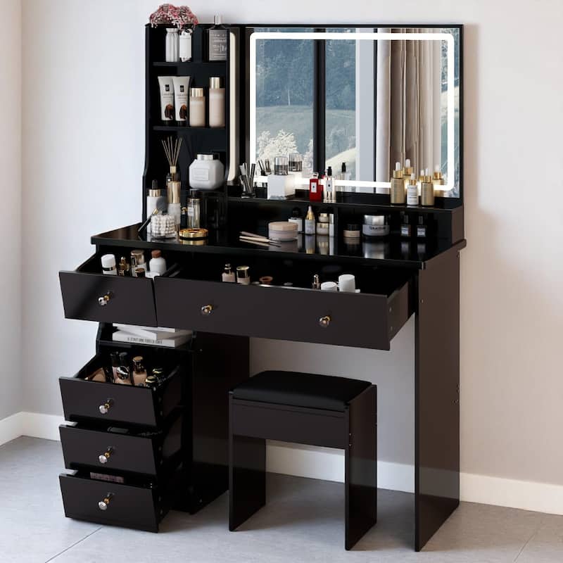 Modern Makeup Vanity Table with 27"x20" Lighted Mirror, 41" Wide Desktop, Left Drawer and Stool, Ideal for Large Rooms
