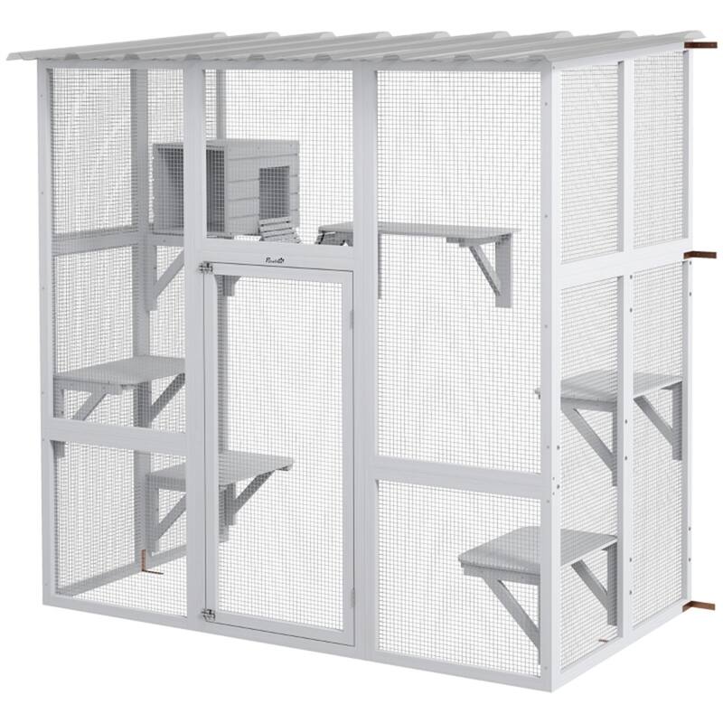 White Wooden Pet Cage with Multiple Jump Platforms Perfect for 2 Cats - White