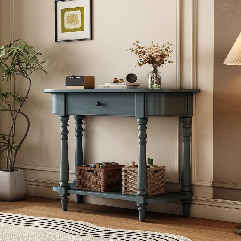 Narrow Console Table with Curved Corner, Retro Entryway Table with Top Drawer and Open Shelf