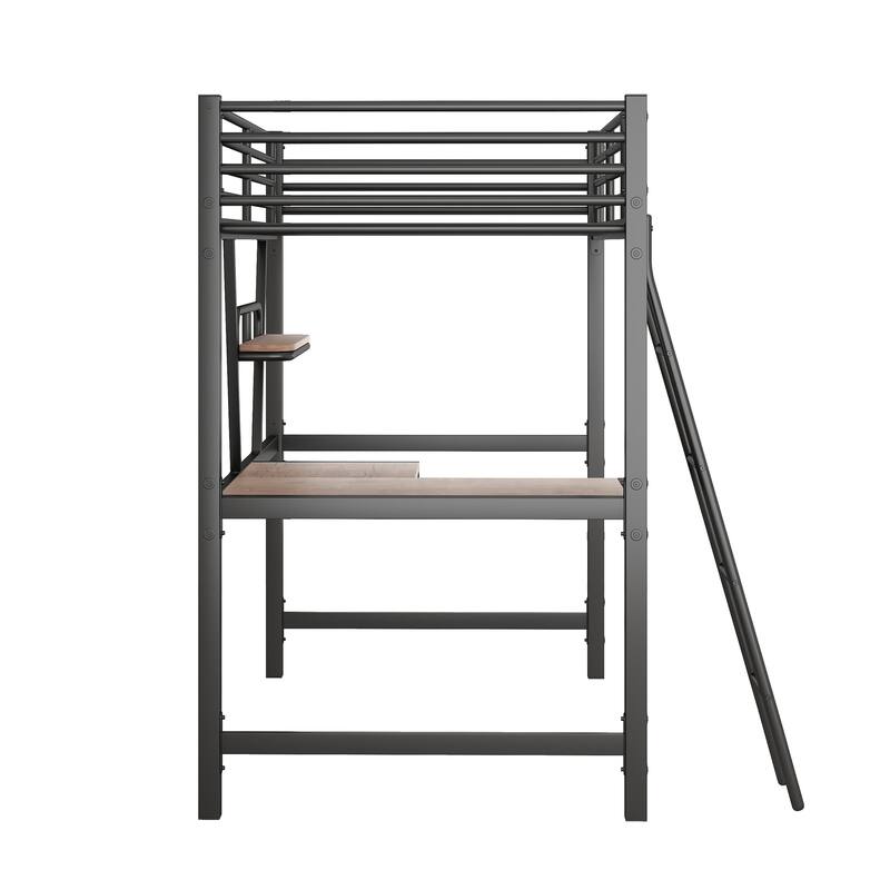Twin Size Loft Bed with Desk and Shelf, Black