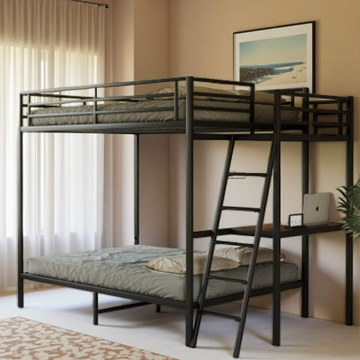 Full-Size Metal Loft Bed with Built-In Desk, LED Lighting, Charging Station, Storage Stairs and Shelves, Secure Guardrails